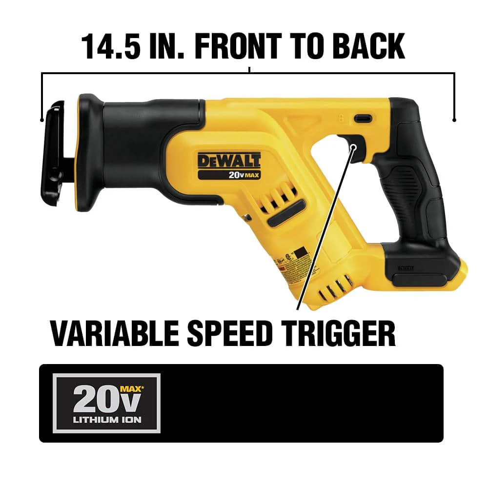 DEWALT 20V MAX Lithium-Ion Cordless Compact Reciprocating Saw Kit with 5Ah Battery, Charger and Contractor Bag - Image 3