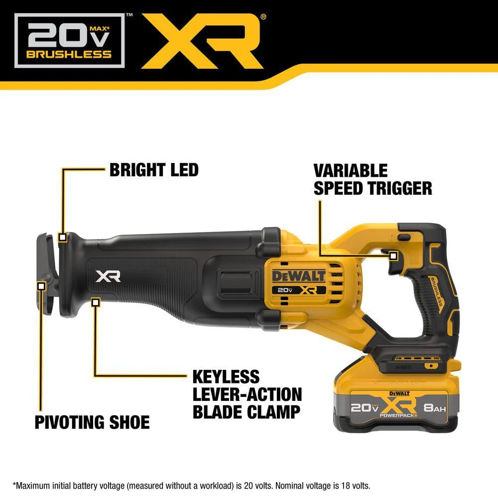 DEWALT 20V XR Cordless Reciprocating Saw Kit with 8.0 Ah Battery and Charger - Image 3