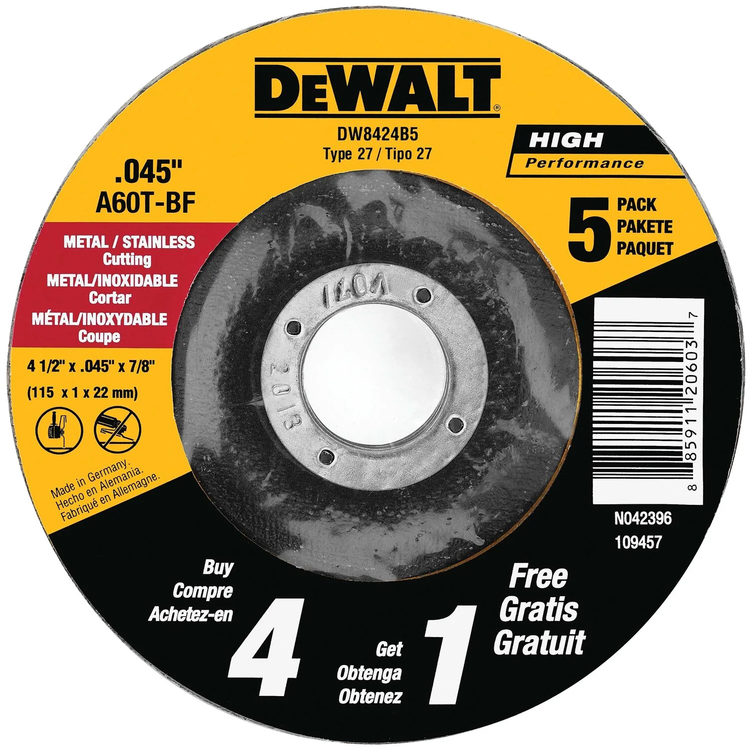 DEWALT 5-Pack Silicon Carbide 4-1/2-in x 0.045-in x 7/8-in Cutting/Grinding Wheels
