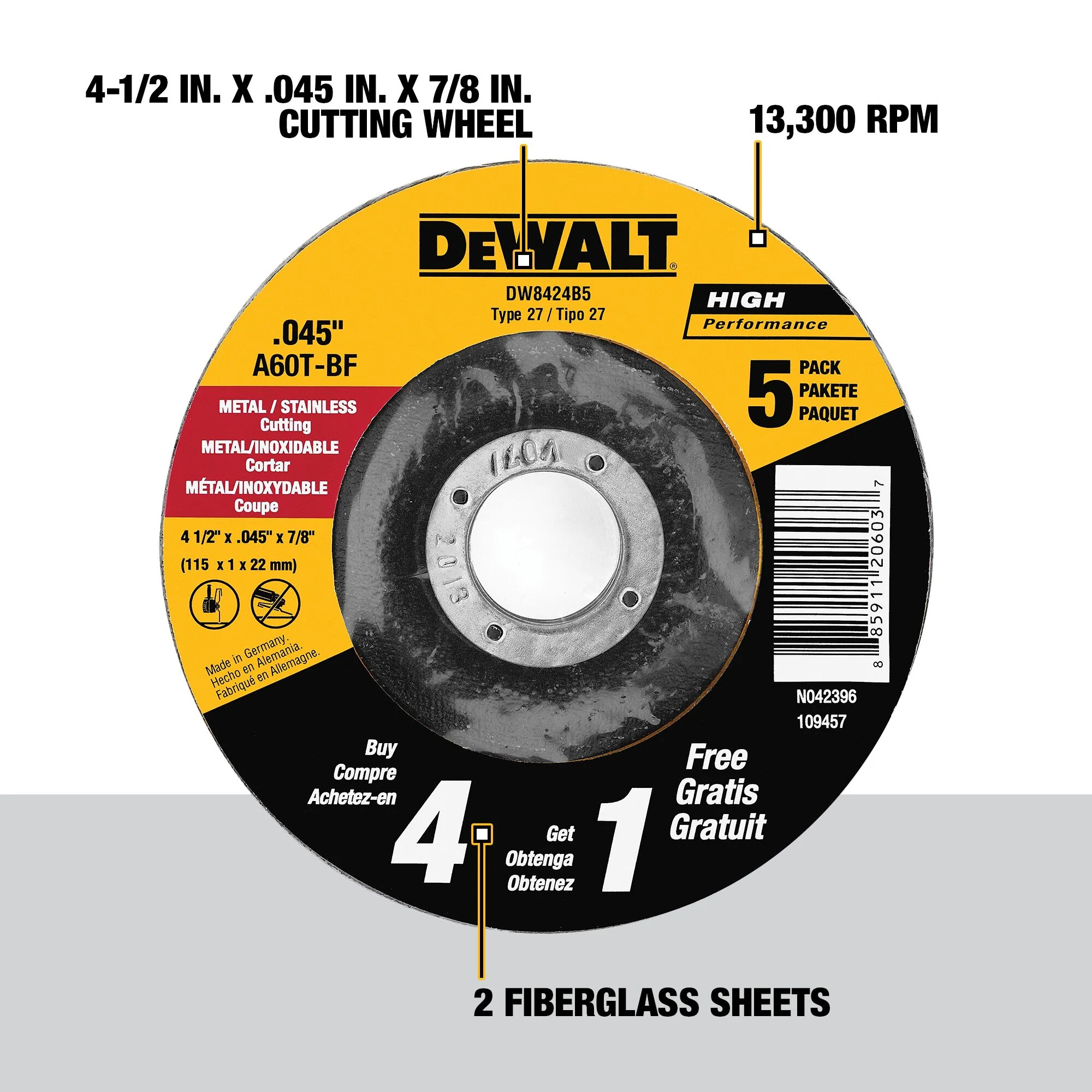 DEWALT 5-Pack Silicon Carbide 4-1/2-in x 0.045-in x 7/8-in Cutting/Grinding Wheels - Image 2