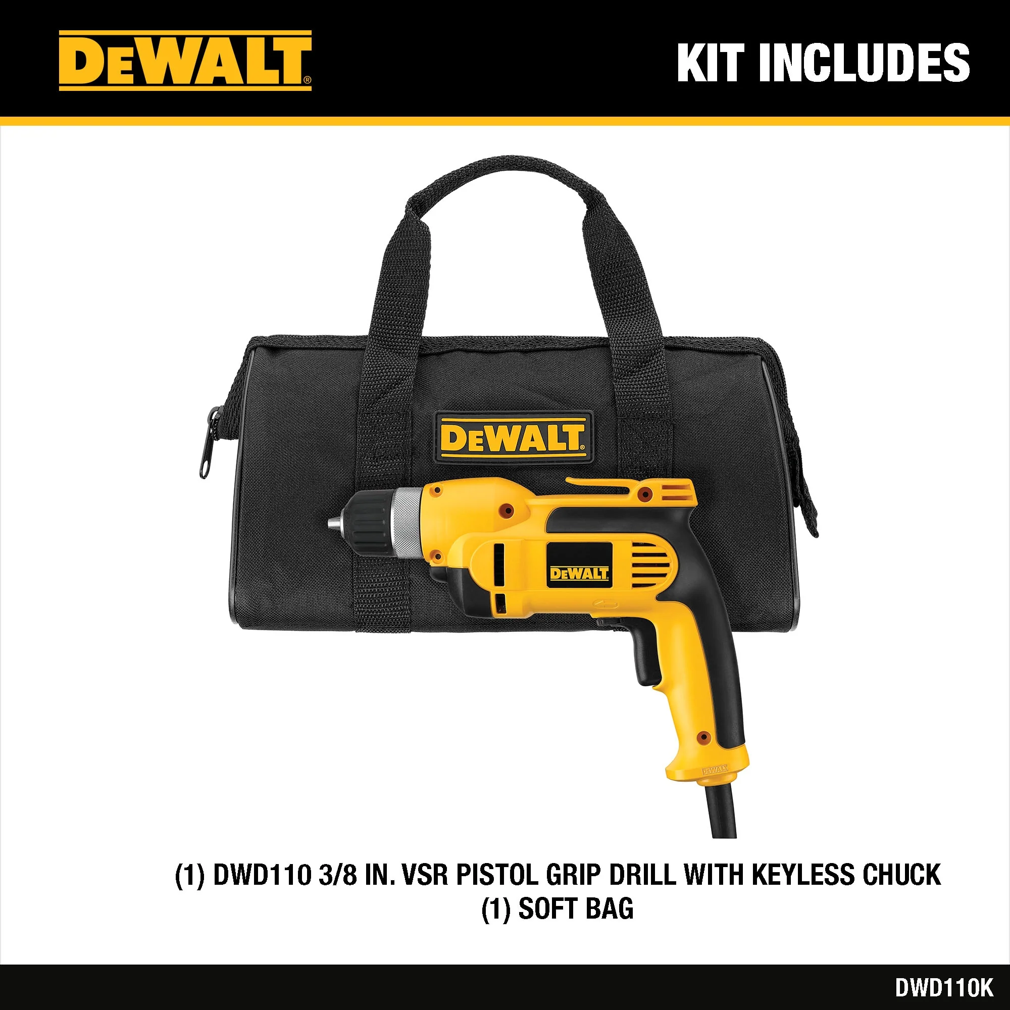 DEWALT 8-Amp 3/8-in Keyless Corded Drill, Soft Bag, 0-2500 RPM (DWD110K) - Image 3