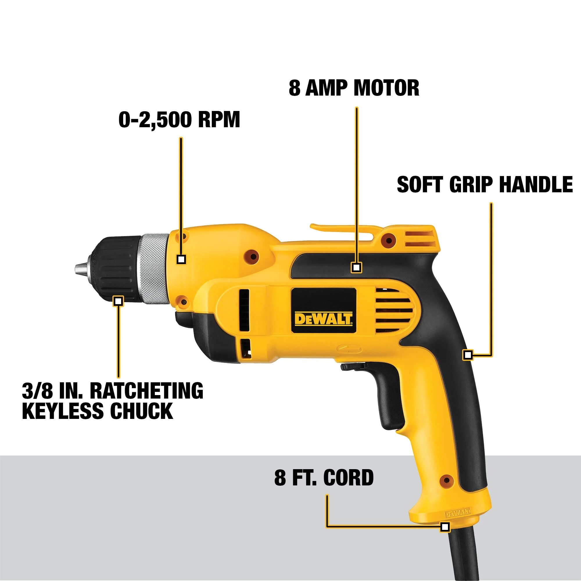 DEWALT 8-Amp 3/8-in Keyless Corded Drill, Soft Bag, 0-2500 RPM (DWD110K) - Image 4