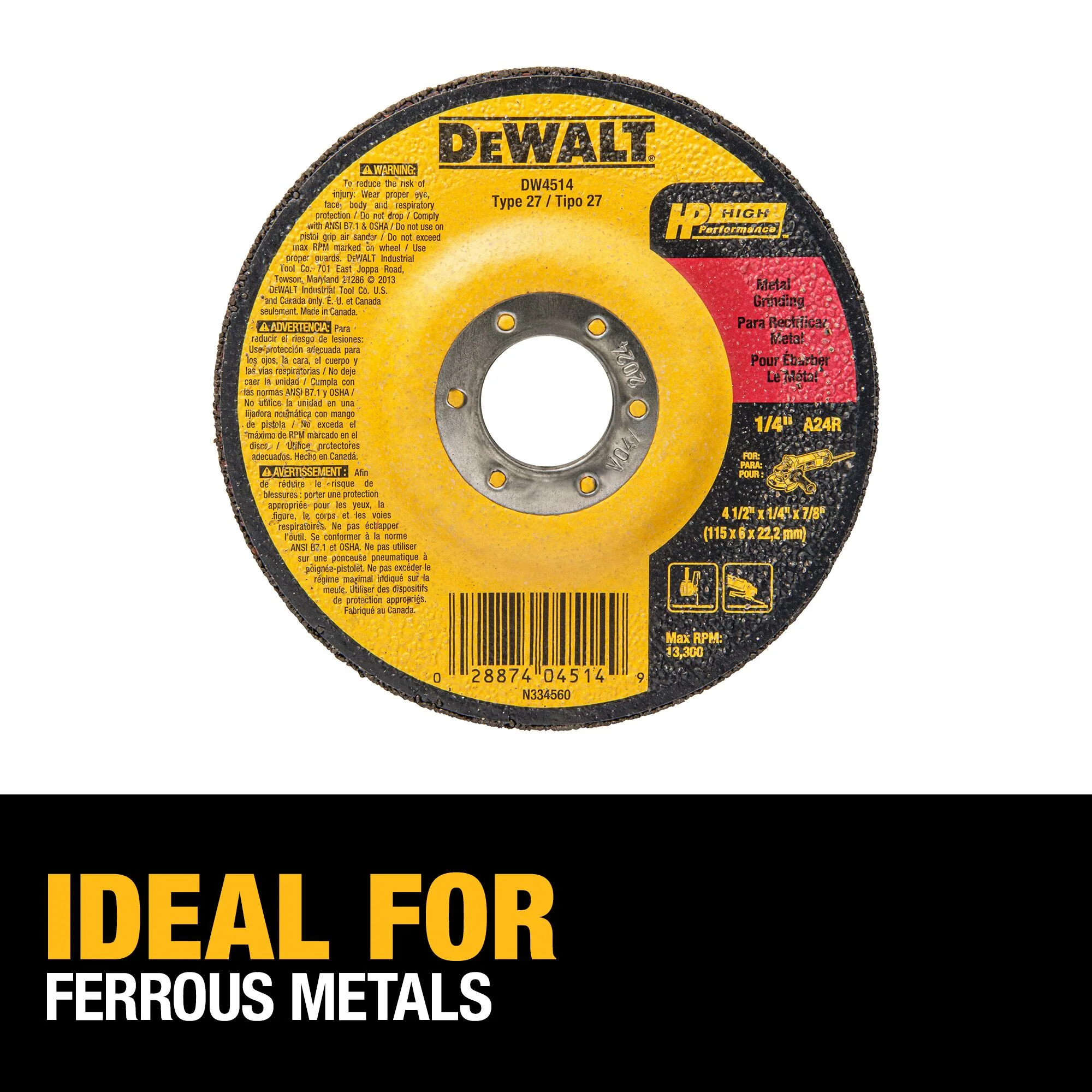 DEWALT Aluminum Oxide 4.5-in Type 27 Grinding Wheel, 1/4-in Thick, 7/8-in Arbor - Image 3