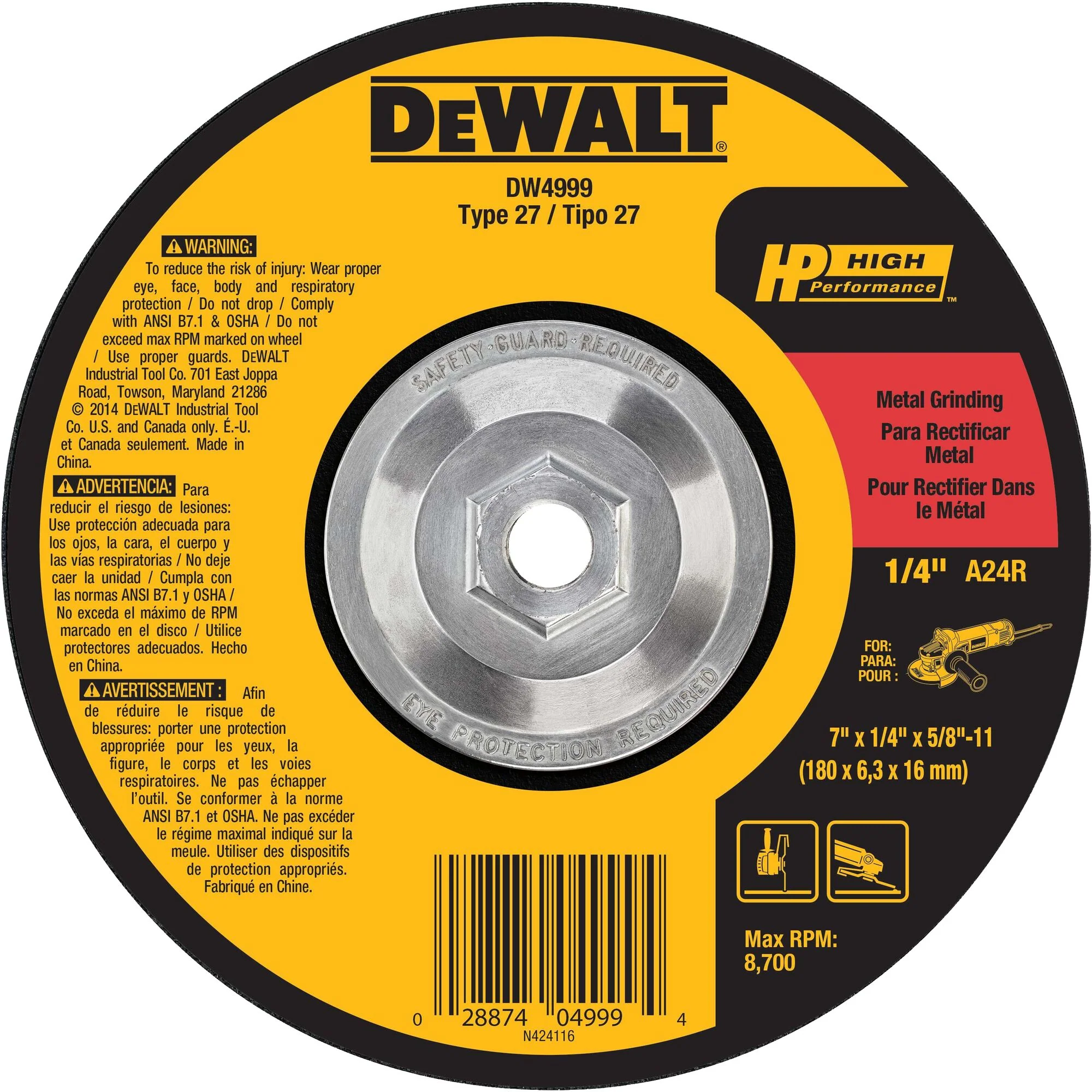 DEWALT Aluminum Oxide 7-in Type 27 Grinding Wheel, 1/4-in Thick, 5/8-in-11 Arbor