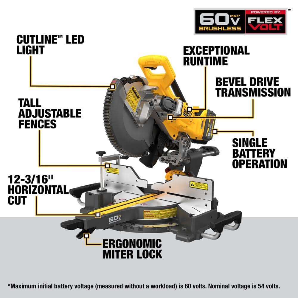 DEWALT Flexvolt 60V 12" Cordless Sliding Miter Saw Kit with Battery and Charger - Image 3