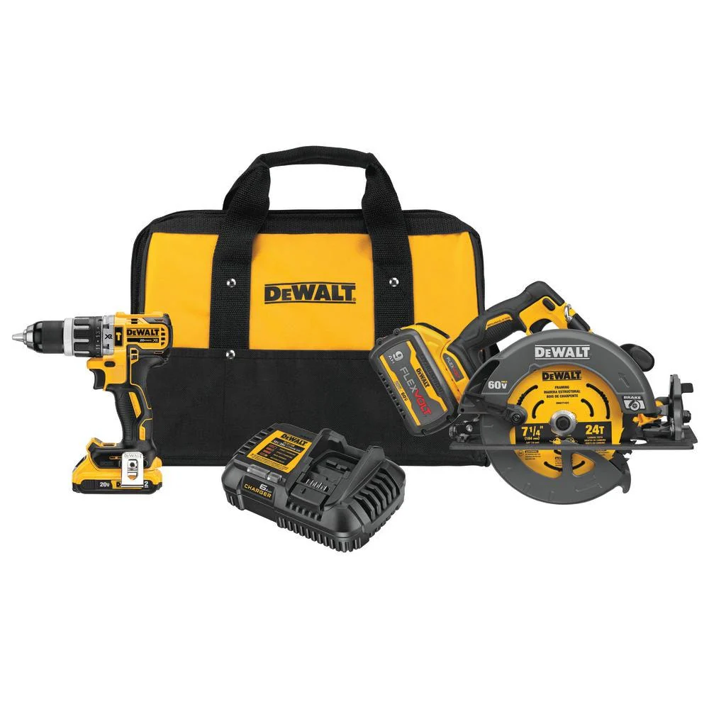 DEWALT FLEXVOLT 60V MAX Brushless 7-1/4 in. Circular Saw with (2) Batteries and Bonus 20V MAX XR 1/2 in. Hammer Drill, Combo Kit DCK293D1X1