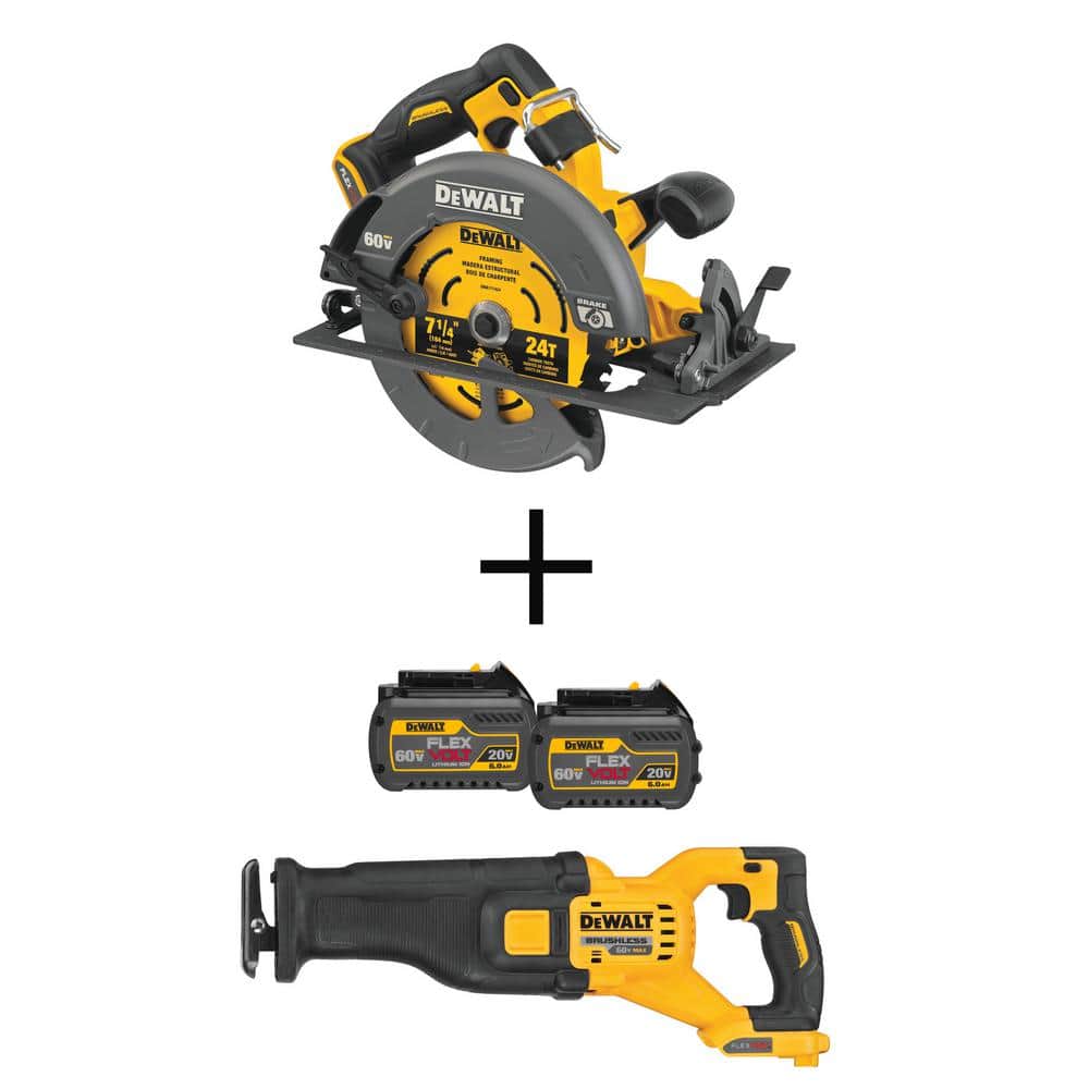DEWALT FLEXVOLT 60V MAX Lithium-Ion Cordless Brushless 7-1/4 in. Circular Saw Kit with (2) Batteries & Charger, Bonus 60V Reciprocating Saw