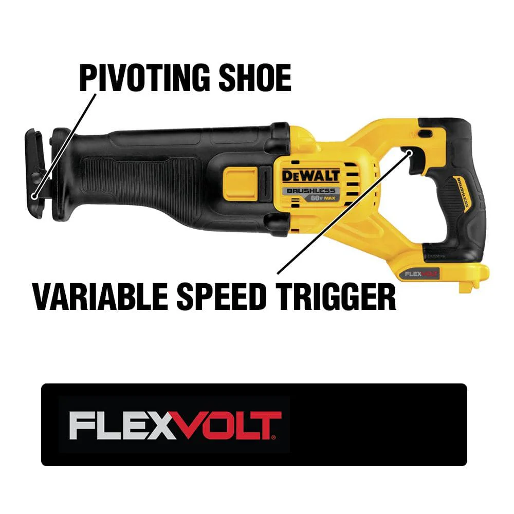 DEWALT FLEXVOLT 60V MAX Lithium-Ion Cordless Brushless Reciprocating Saw Kit with 1 Battery (2Ah at 60V/6Ah at 20V), Charger and Contractor Bag - Image 3