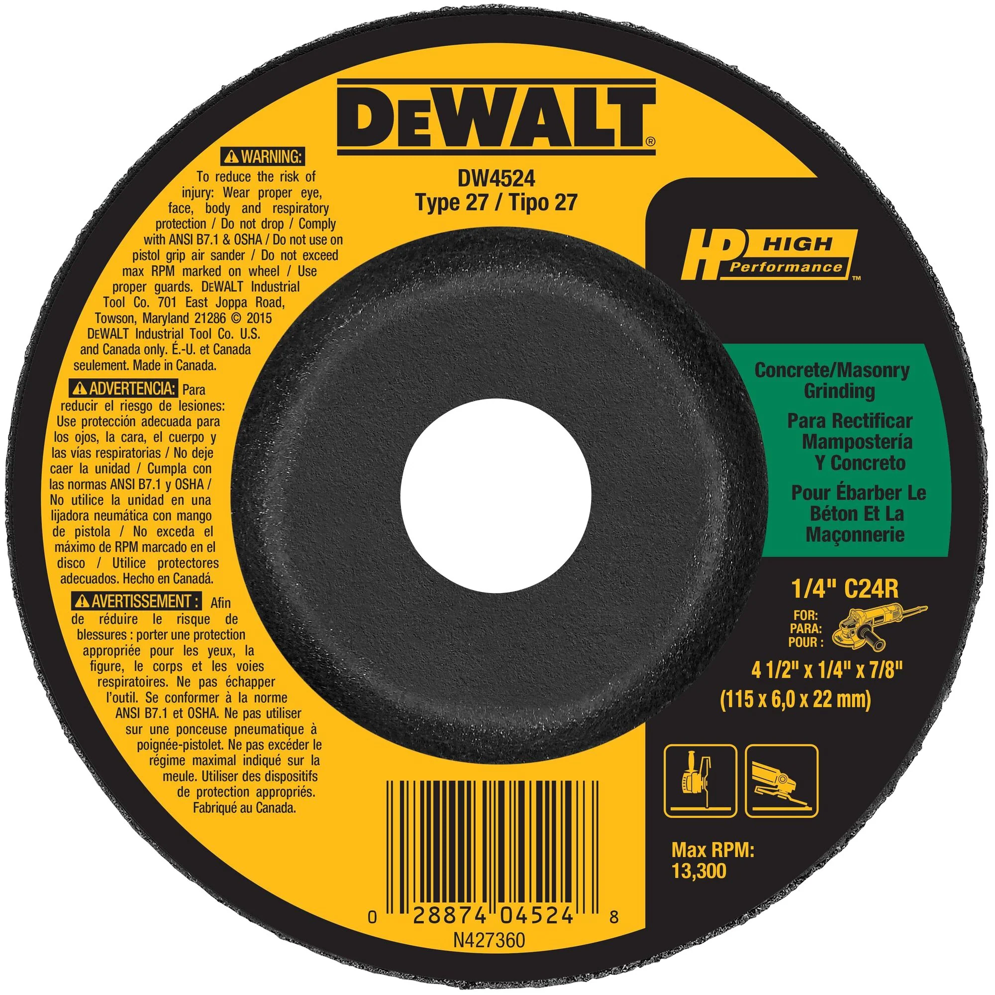 DEWALT Silicon Carbide 4-1/2-in Type 27 Masonry Grinding Wheel, 7/8-in Arbor, 1/4-in Thick