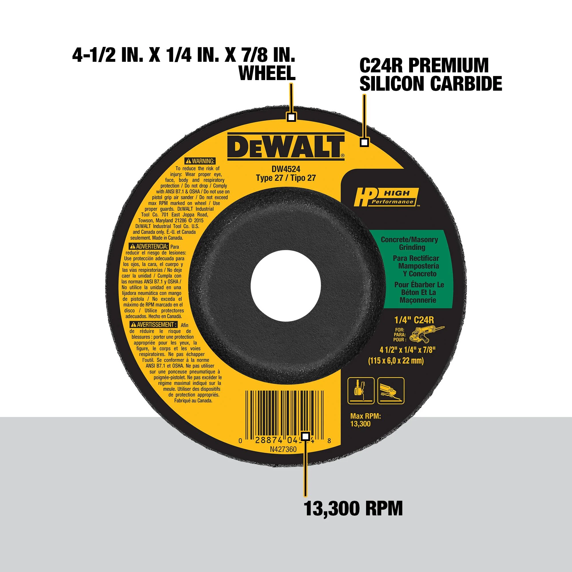 DEWALT Silicon Carbide 4.5-in Type 27 Grinding Wheel, 7/8-in Arbor, 1/4-in Thick - Image 2
