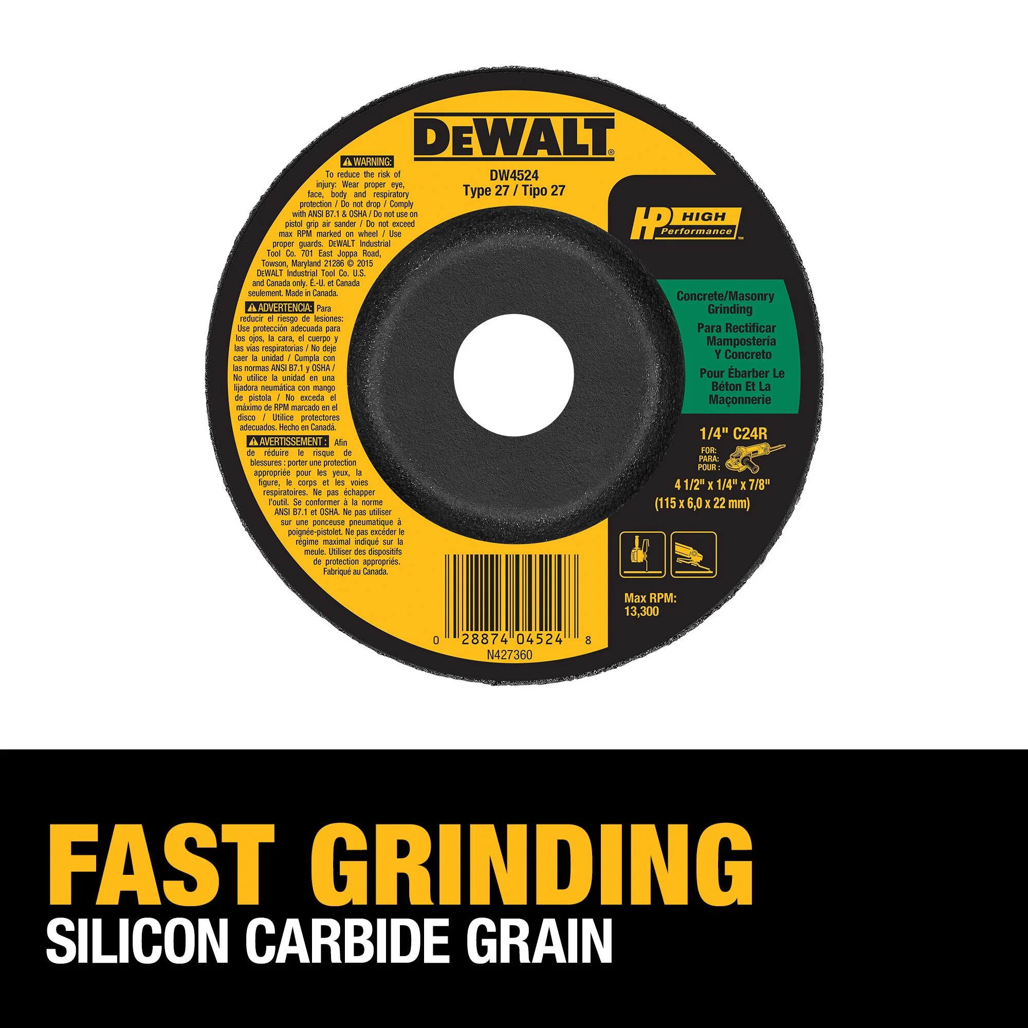 DEWALT Silicon Carbide 4.5-in Type 27 Grinding Wheel, 7/8-in Arbor, 1/4-in Thick - Image 3