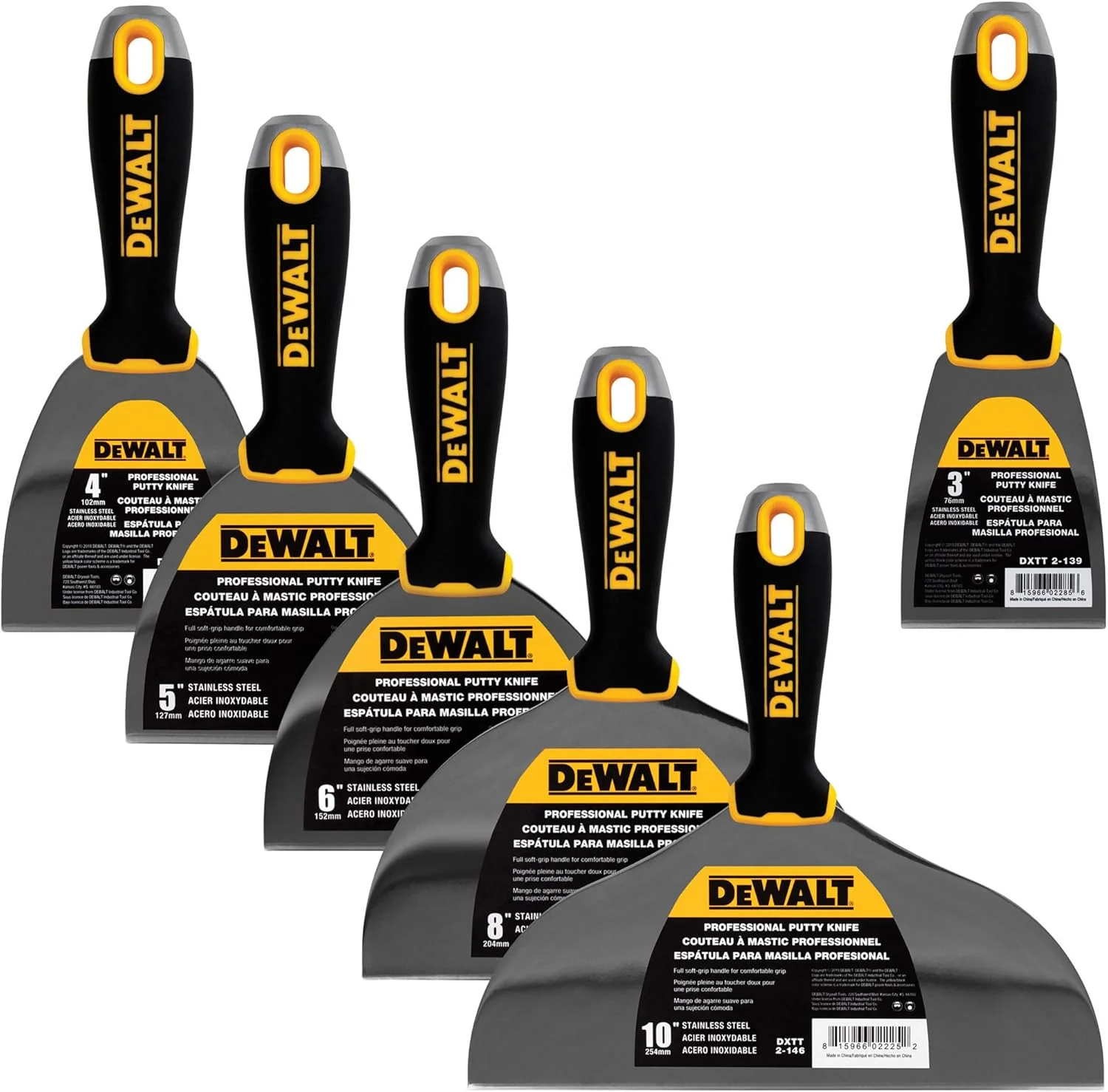 DEWALT Stainless Steel Deluxe Joint/Putty Knife Set with Soft Grip Handles, 3–10 Inch, DXTT-3-139
