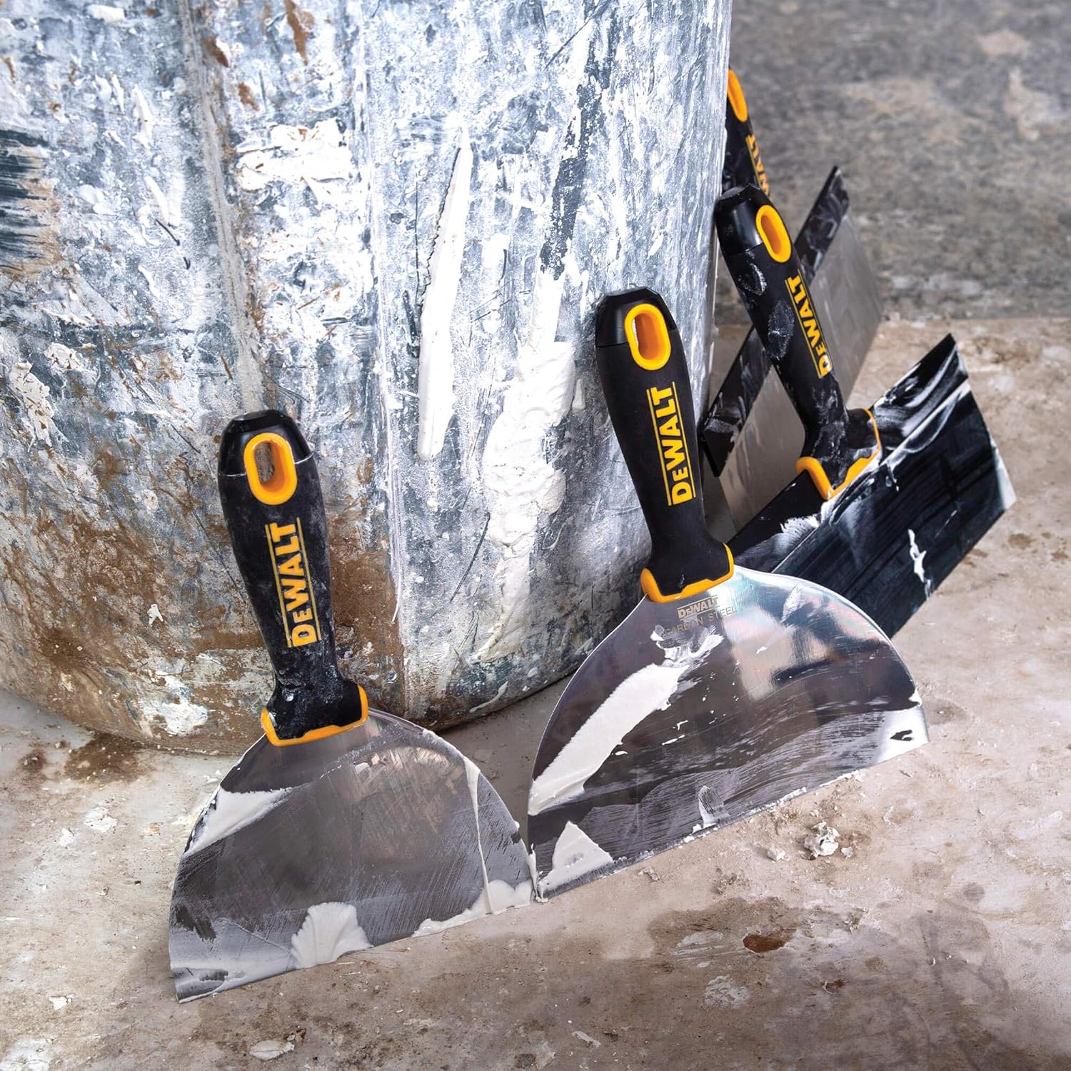 DEWALT Stainless Steel Taping Knife & Mud Pan Set with Soft Grip Handles, 8/10/12 in Knives + 14 in Pan + Bonus 6 in Putty Knife - Image 5
