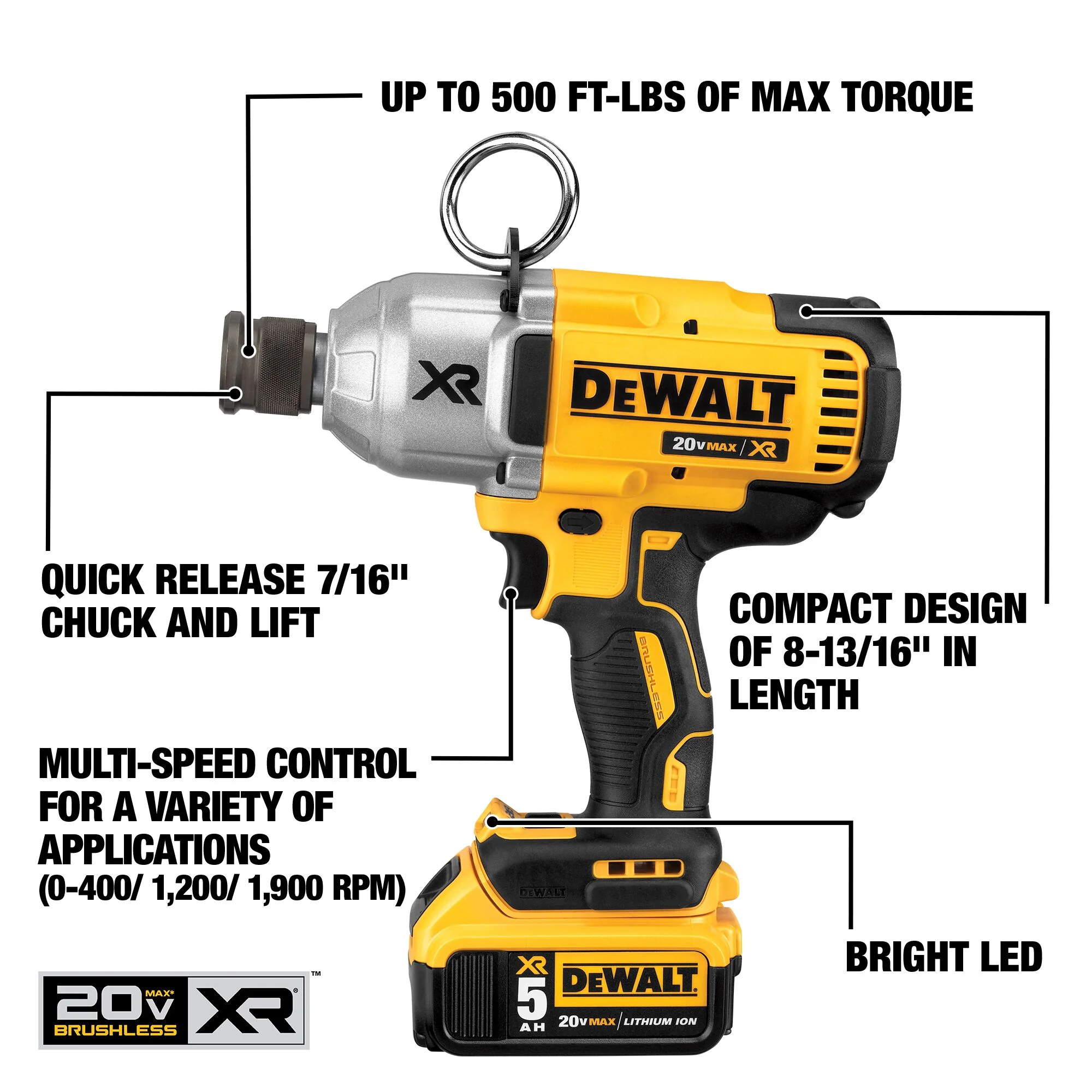 DEWALT XR 20-Volt Max Variable Speed Brushless 7/16-in Drive Cordless Impact Wrench Kit (2 Batteries Included) - Image 2