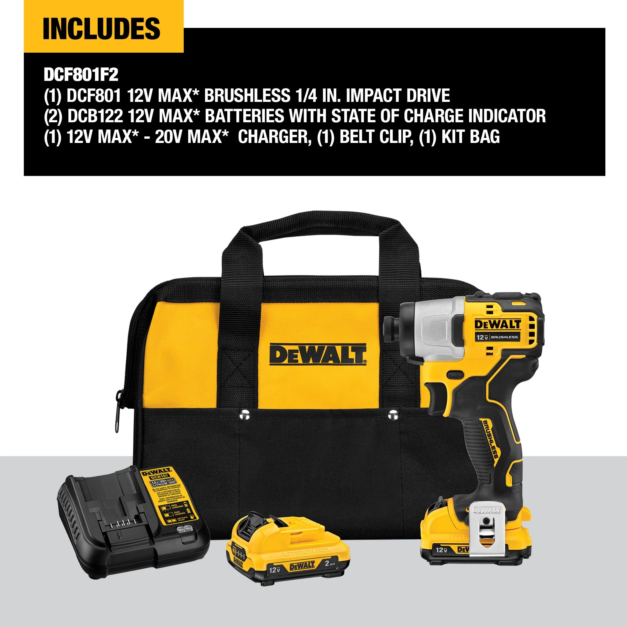 DEWALT XTREME 12-Volt MAX 1/4-in Variable Speed Brushless Cordless Impact Driver Kit, DCF801F2 (2 Batteries, Charger, Bag) - Image 4