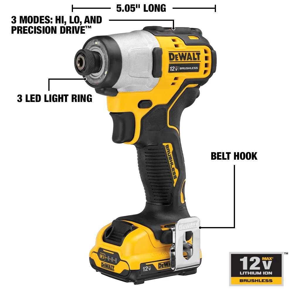DEWALT XTREME 12-Volt MAX 1/4-in Variable Speed Brushless Cordless Impact Driver Kit, DCF801F2 (2 Batteries, Charger, Bag) - Image 5