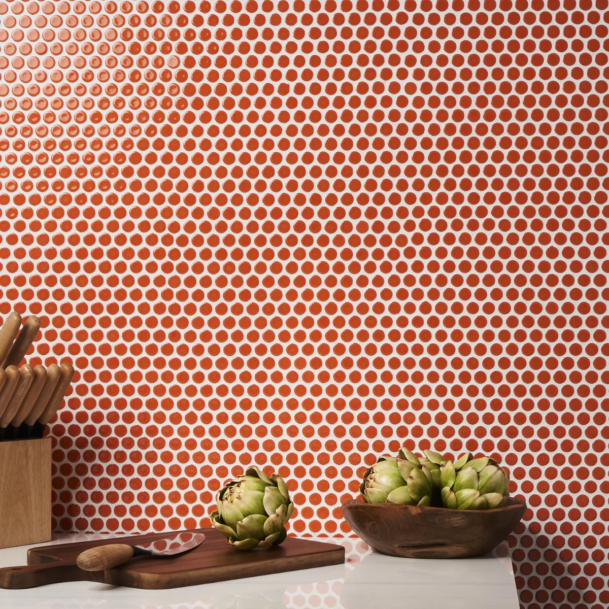 Eden Orange Nectar Rimmed Penny Round Polished Porcelain Mosaic Tile - Image 5