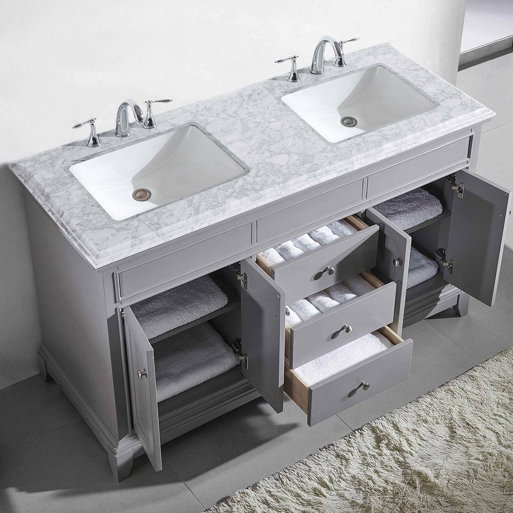 Eviva Elite Princeton 72 in. W x 24 in. D x 34 in. H Double Bath Vanity in Gray with White Carrara Marble Top and White Undermount Sinks - Image 2