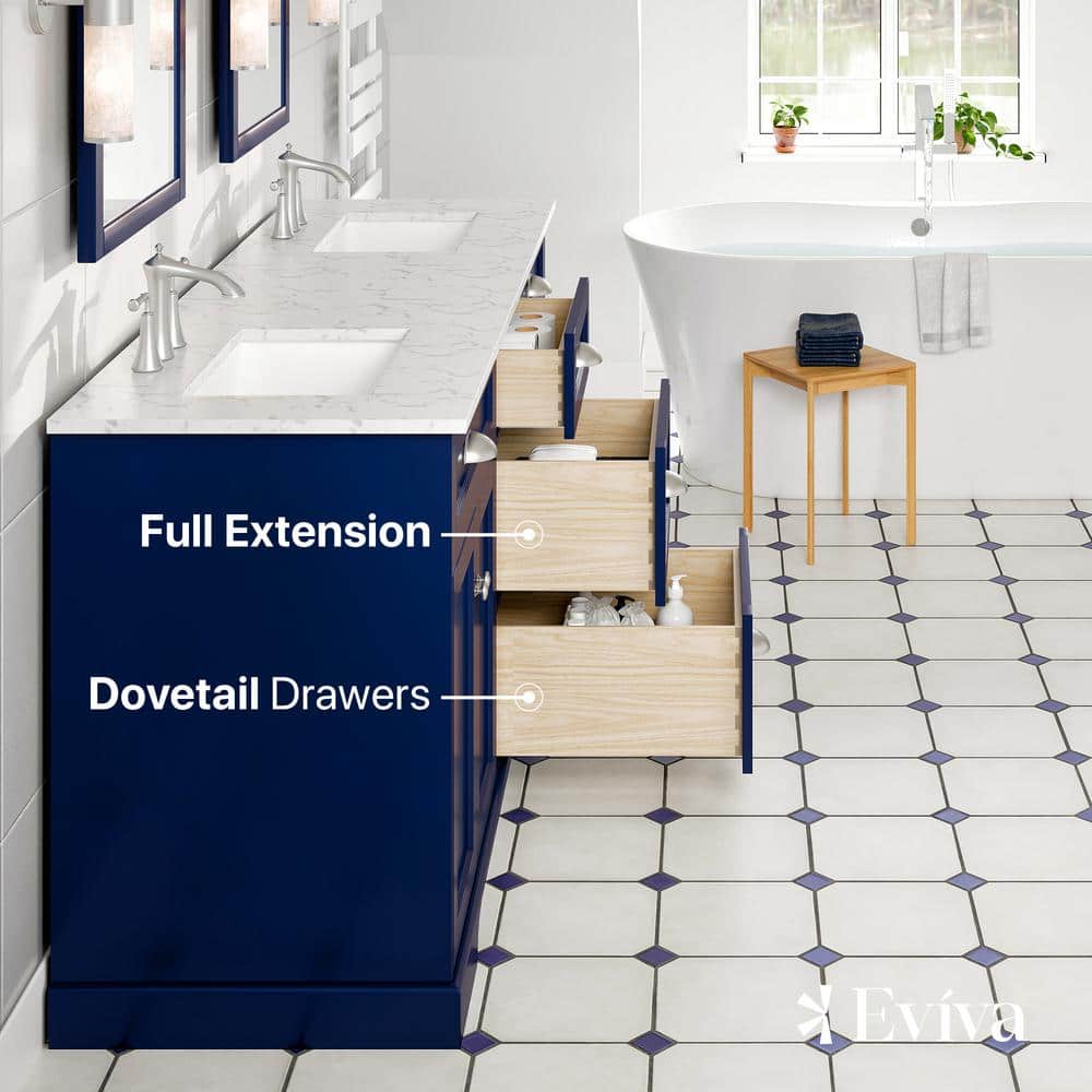 Eviva Epic 72 in. W x 22 in. D x 34 in. H Double Bathroom Vanity in Blue with White Carrara Quartz Top and White Undermount Sinks - Image 2