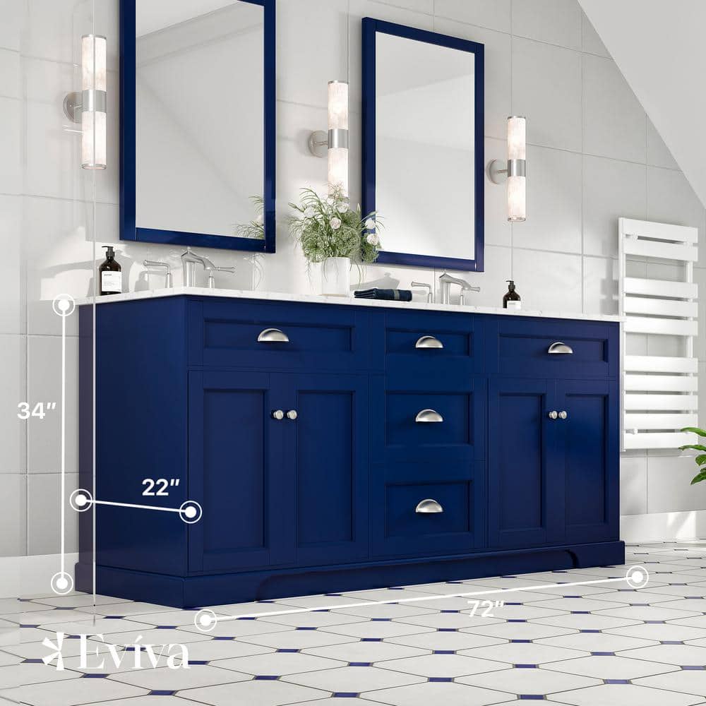 Eviva Epic 72 in. W x 22 in. D x 34 in. H Double Bathroom Vanity in Blue with White Carrara Quartz Top and White Undermount Sinks - Image 5
