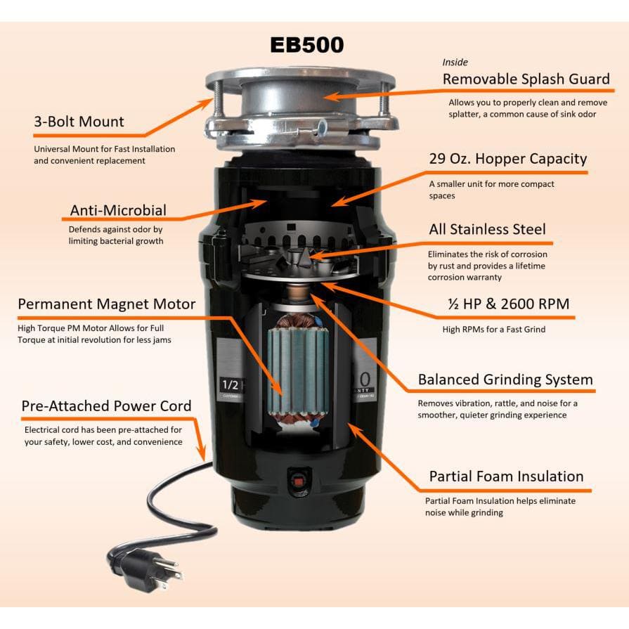 Everbilt 1/2 HP Standard Continuous Feed Garbage Disposal with Stainless Steel Sink Flange and Attached Power Cord - Image 3
