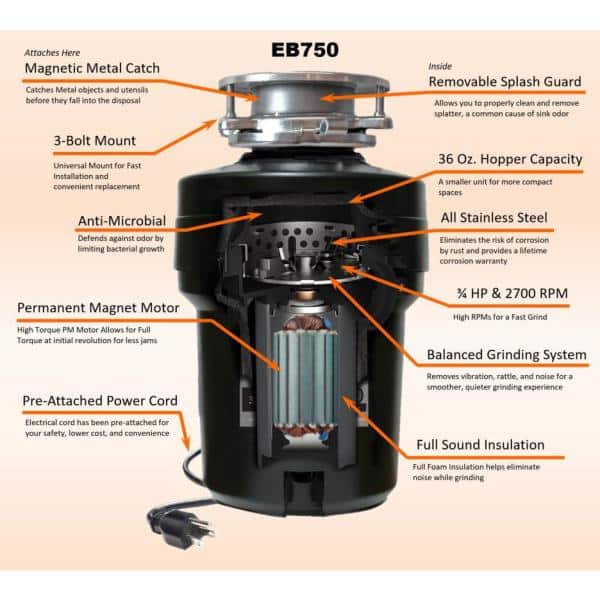 Everbilt 3/4 HP Continuous Feed Garbage Disposal with Stainless Steel Sink Flange and Attached Power Cord - Image 3