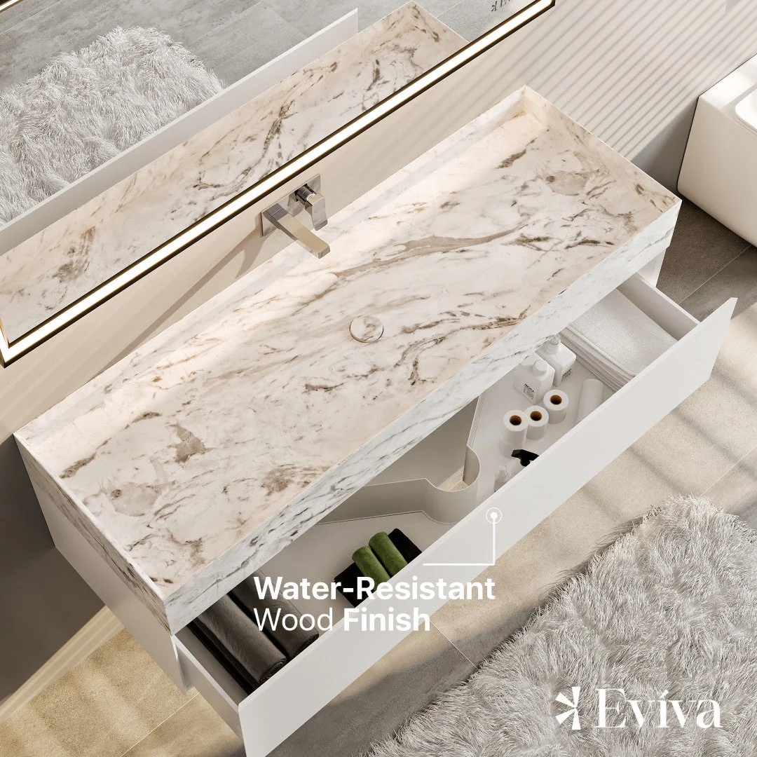 Eviva Fritti 48 in. W x 20 in. D x 16.5 in. H Floating Bathroom Vanity in White with White Carrara Marble Top with Trough Sink - Image 4