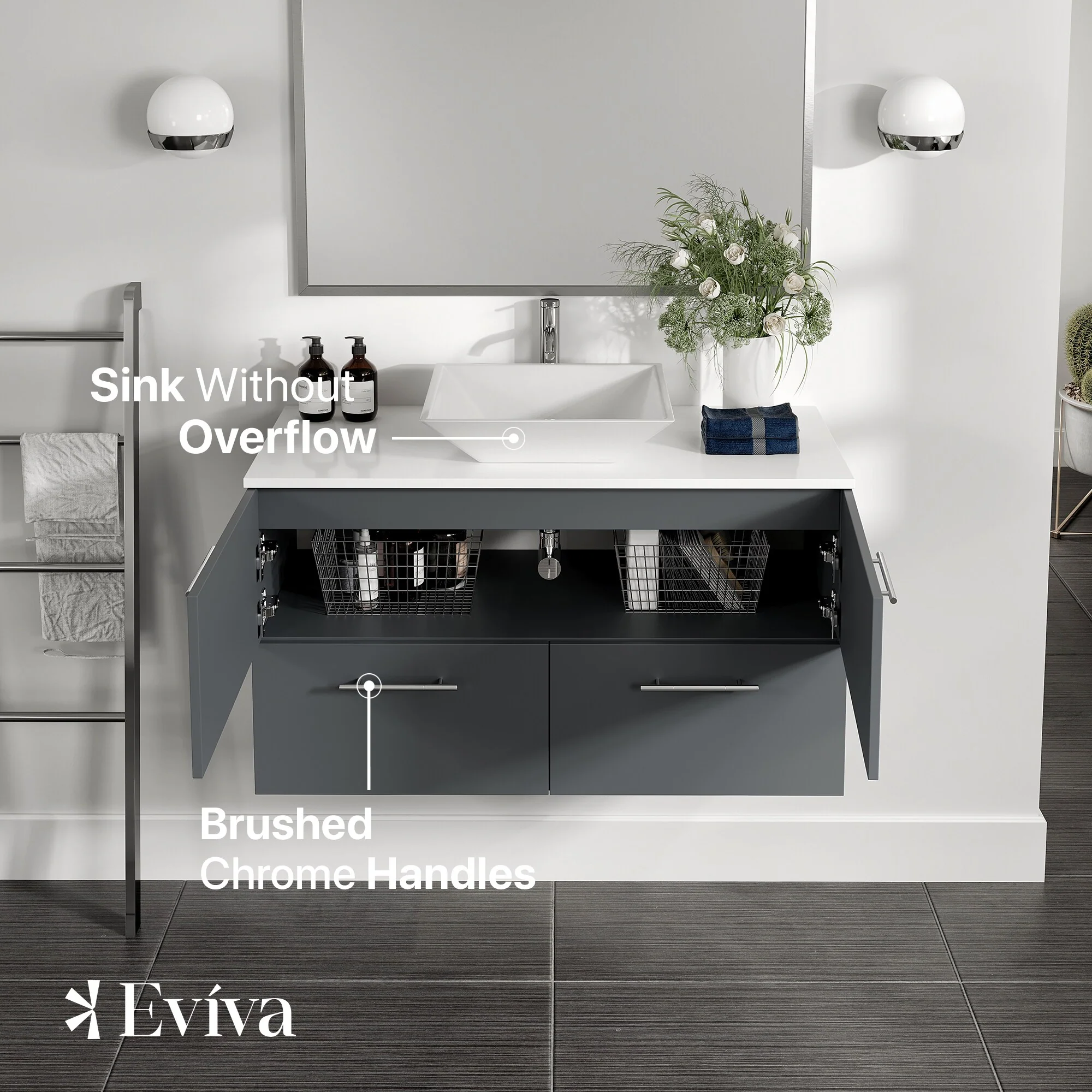 Eviva Luxury 39"W x 20"D Gray Wall-Mount Bathroom Vanity with White Tempered Glass Countertop and Vessel Porcelain Sink - Image 2