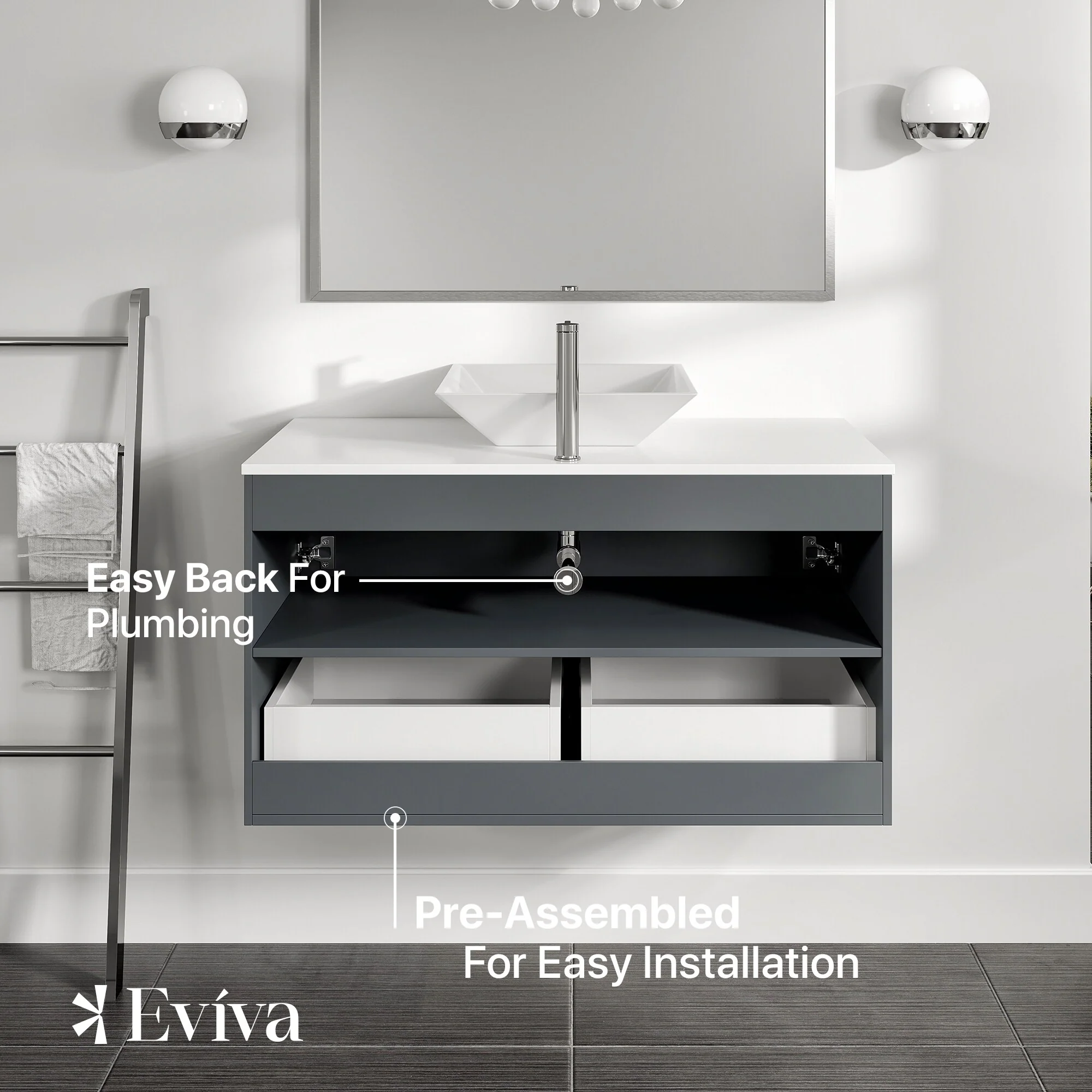 Eviva Luxury 39"W x 20"D Gray Wall-Mount Bathroom Vanity with White Tempered Glass Countertop and Vessel Porcelain Sink - Image 4