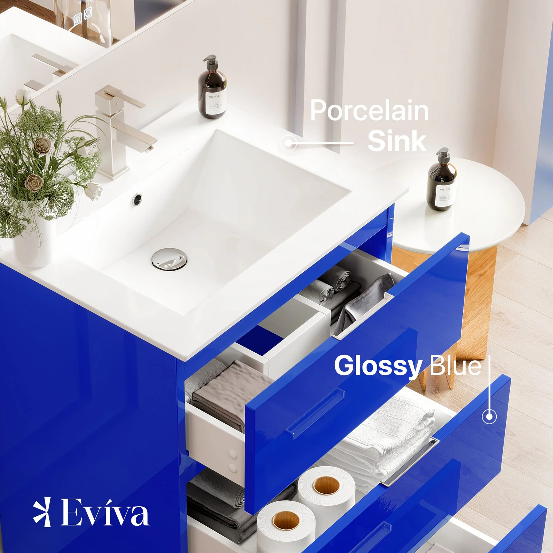 Eviva Malmo 24"W x 18"D Blue Bathroom Vanity with White Porcelain Countertop and Integrated Sink - Image 3