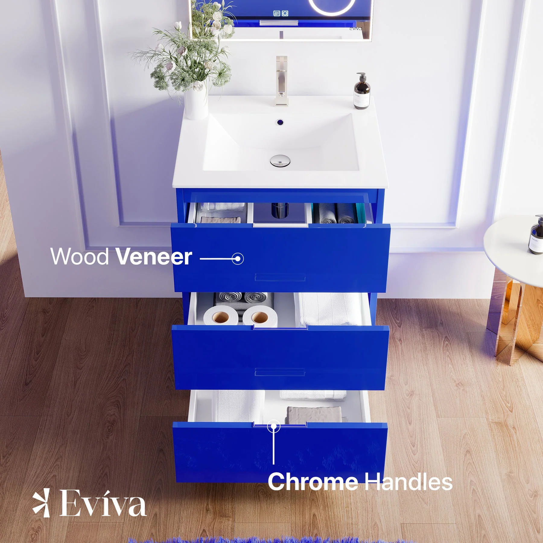 Eviva Malmo 24"W x 18"D Blue Bathroom Vanity with White Porcelain Countertop and Integrated Sink - Image 5