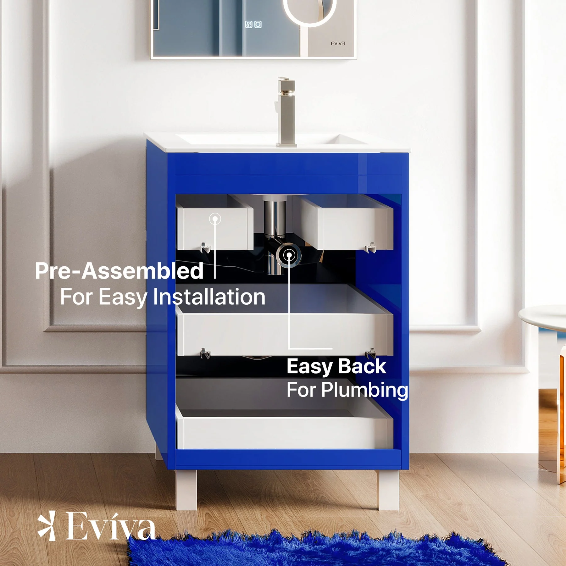 Eviva Malmo 24"W x 18"D Blue Bathroom Vanity with White Porcelain Countertop and Integrated Sink - Image 6