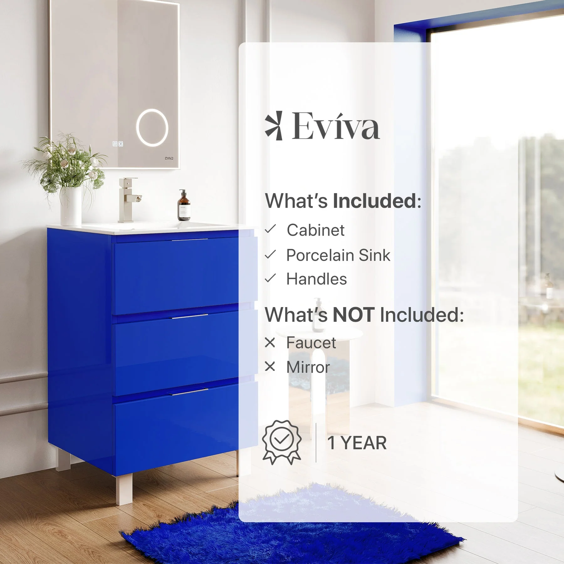 Eviva Malmo 24"W x 18"D Blue Bathroom Vanity with White Porcelain Countertop and Integrated Sink - Image 7
