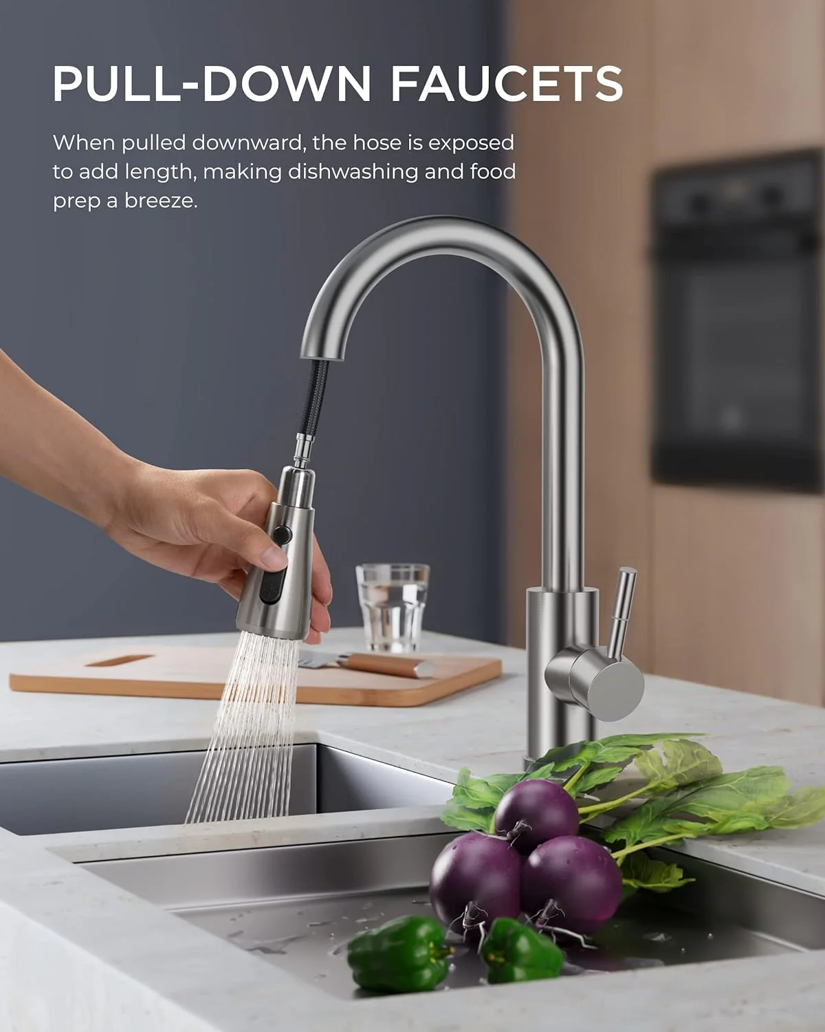 FORIOUS Pull Down Sprayer Kitchen Faucet, Brushed Nickel, High Arc Single Handle, Stainless Steel - Image 2