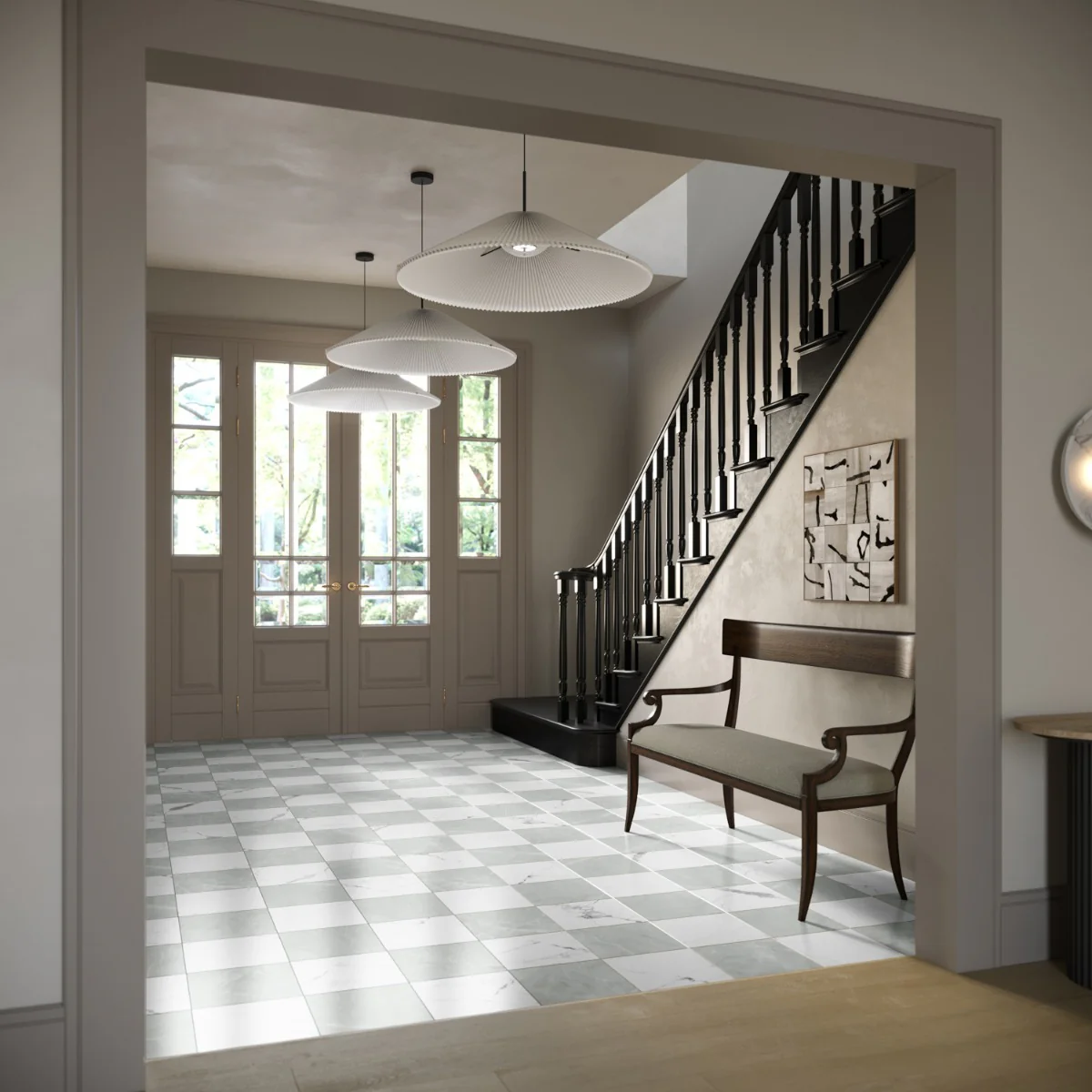 Fortunato Amani Gray and Calacatta White 12x12 Polished Porcelain Checkerboard Tile - Image 2