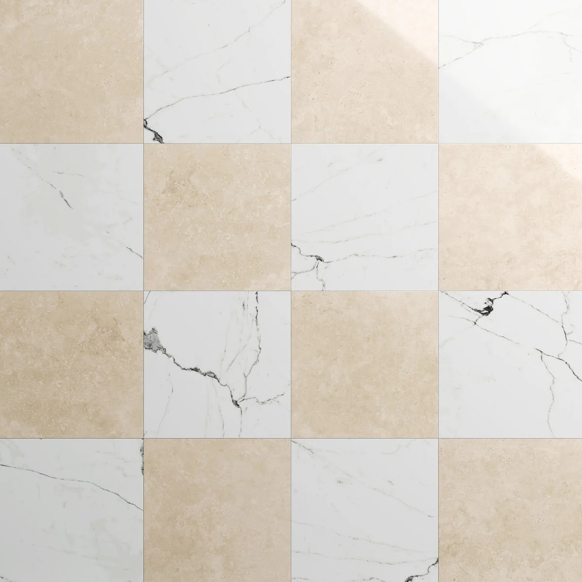 Fortunato Calacatta and Marfil 12x12 Polished Porcelain Checkerboard Tile
