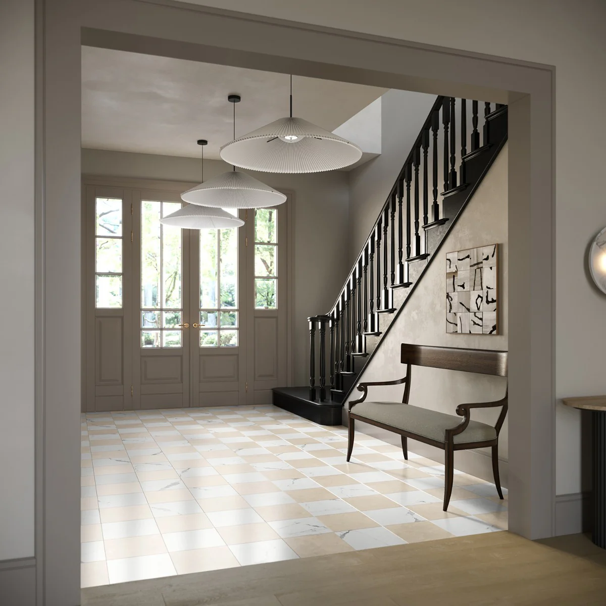 Fortunato Calacatta and Marfil 12x12 Polished Porcelain Checkerboard Tile - Image 2