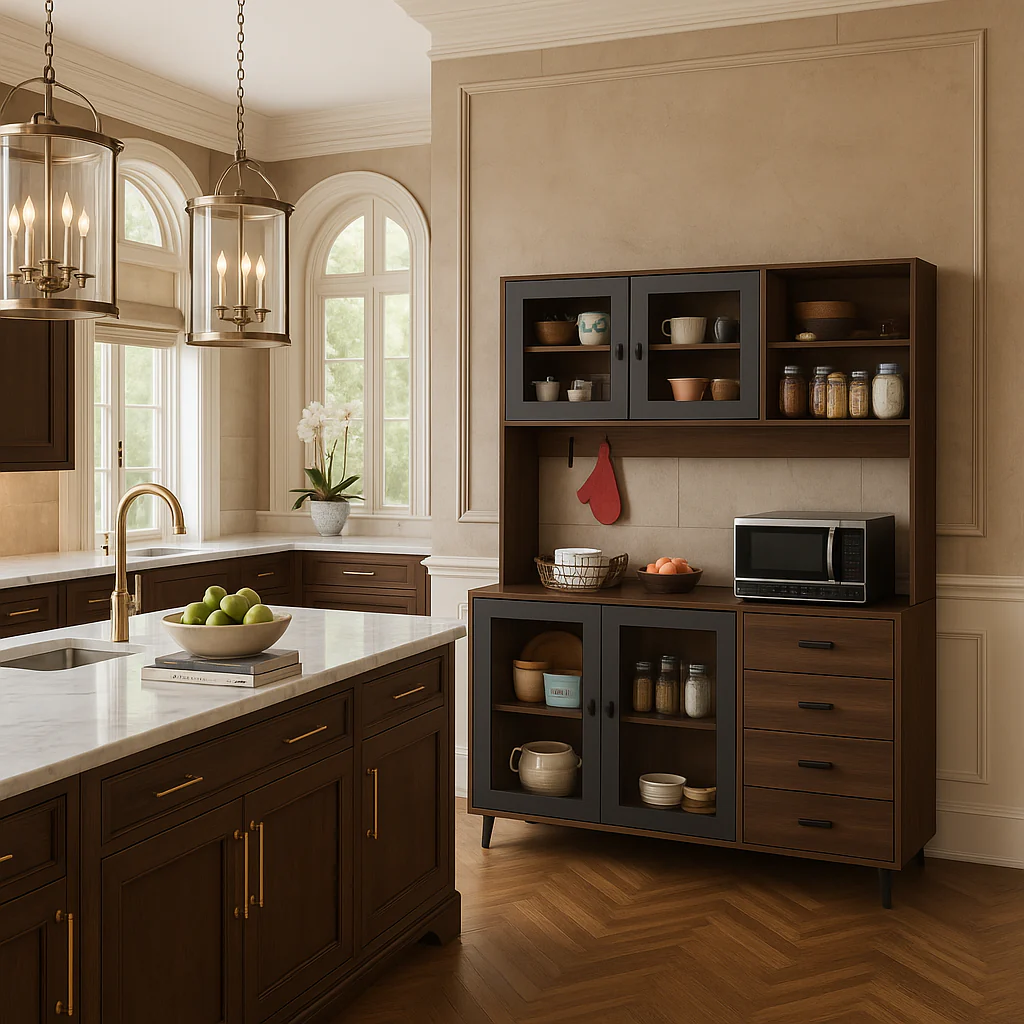 FUFU&GAGA Brown Pantry Kitchen Cabinet Buffet with Hutch, 4-Drawers, Glass Doors - Image 4