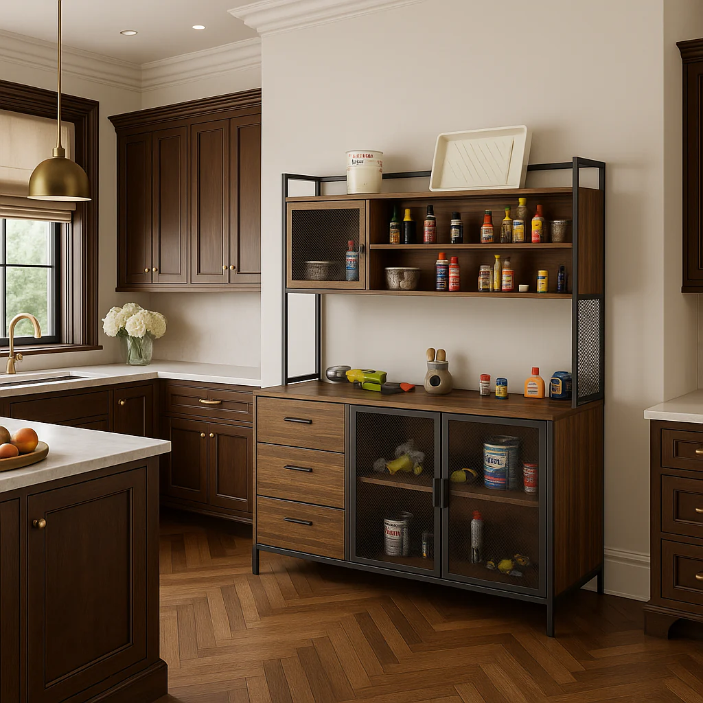 FUFU&GAGA Brown Wood Kitchen Cabinet with Metal Mesh Doors, 3 Drawers, 6 Shelves - Image 3