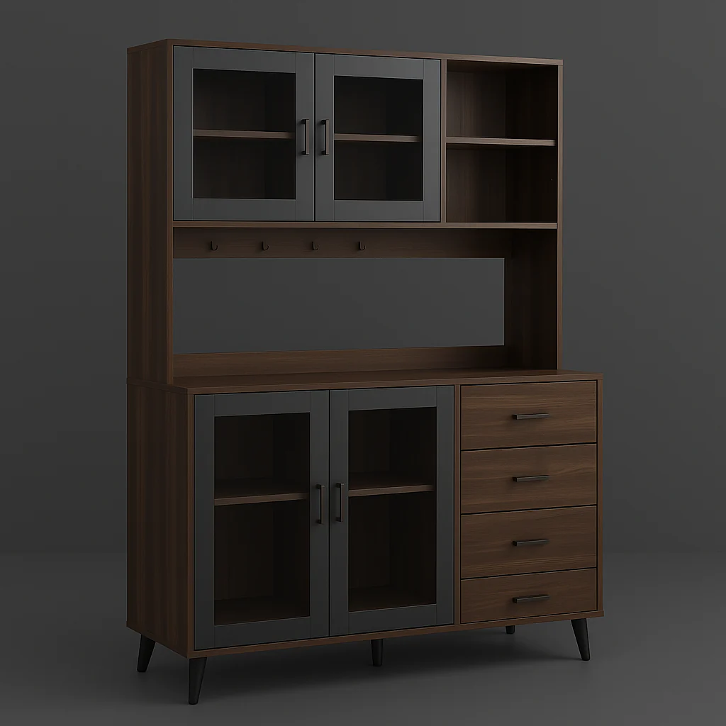 FUFU&GAGA Large Kitchen Pantry Cabinet Buffet with 4-Drawers, Hooks, Open Shelves, and Glass Doors