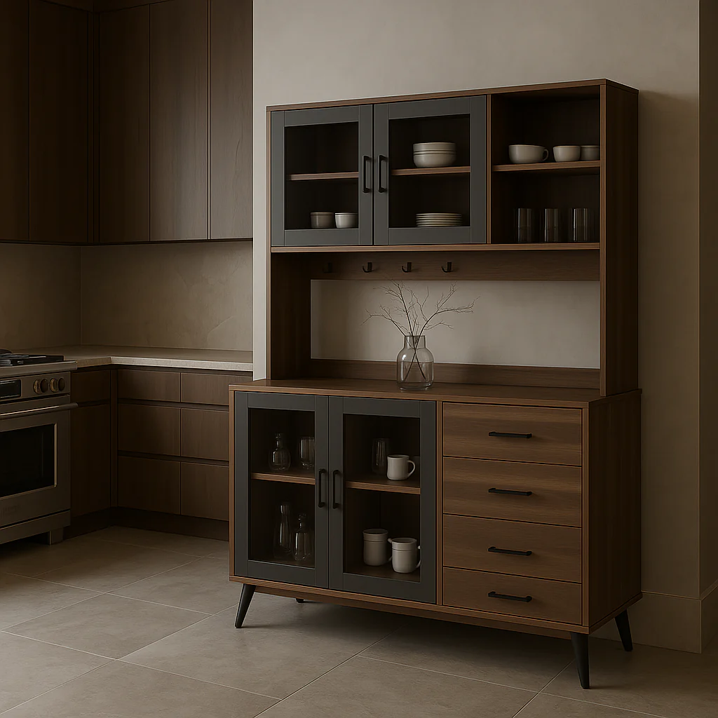 FUFU&GAGA Large Kitchen Pantry Cabinet Buffet with 4-Drawers, Hooks, Open Shelves, and Glass Doors - Image 3