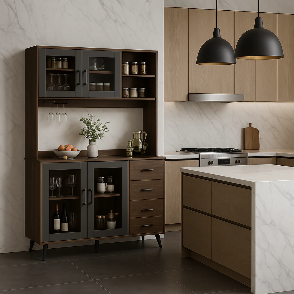 FUFU&GAGA Large Kitchen Pantry Cabinet Buffet with 4-Drawers, Hooks, Open Shelves, and Glass Doors - Image 2