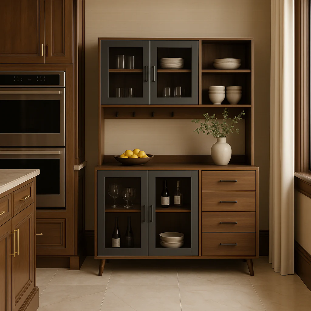 FUFU&GAGA Large Kitchen Pantry Cabinet Buffet with 4-Drawers, Hooks, Open Shelves, and Glass Doors - Image 4