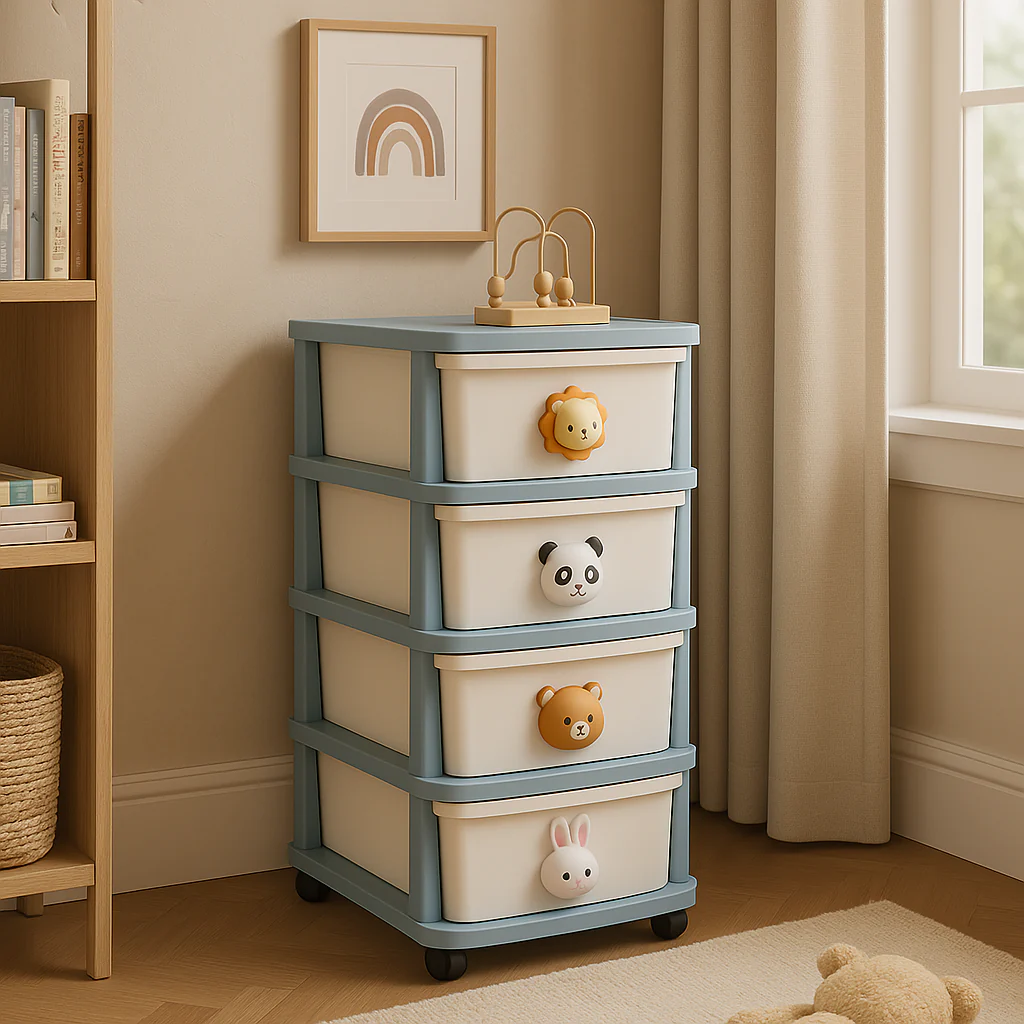 FUNKOL 15.75 in. W x 13.39 in. D x 31.50 in. H White and Blue Plastic 4-Layer Floor Drawer Cabinet with Cartoon Handles - Image 4