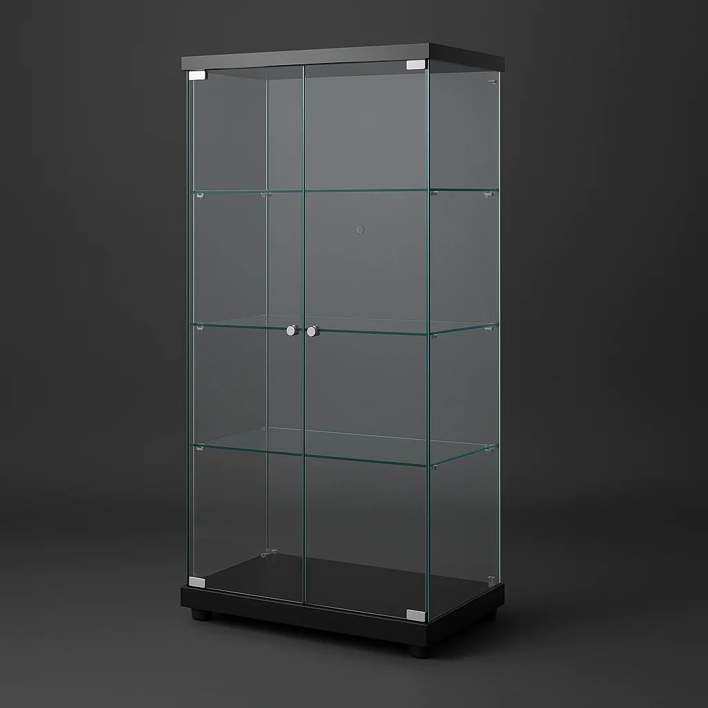 FUNKOL 4-Shelf Wooden Base Display Cabinet with Glass Doors, Black