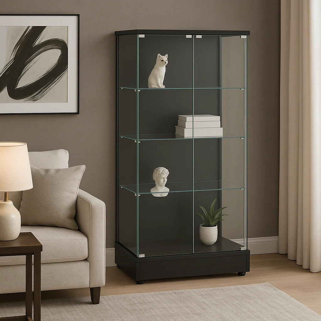 FUNKOL 4-Shelf Wooden Base Display Cabinet with Glass Doors, Black - Image 3