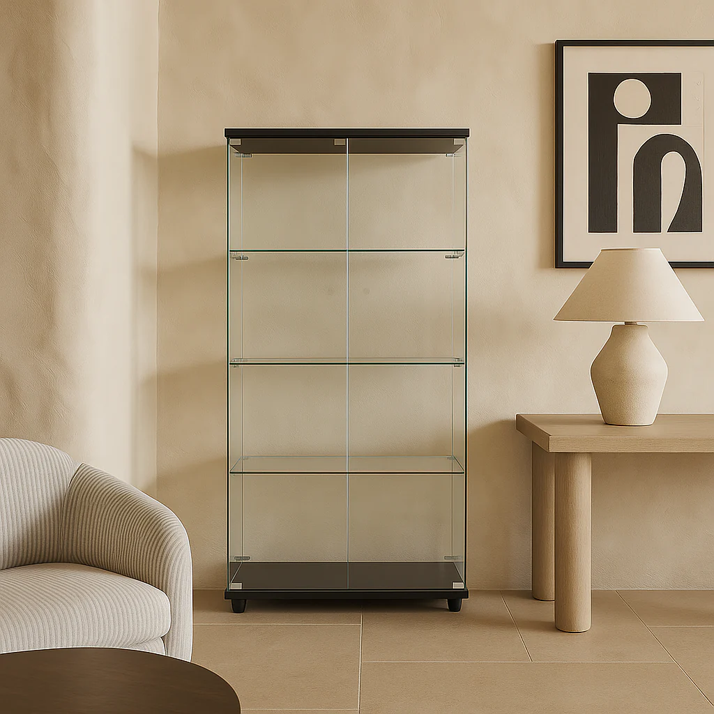 FUNKOL 4-Shelf Wooden Base Display Cabinet with Glass Doors, Black - Image 4