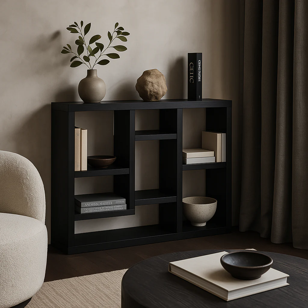 FUNKOL Black MDF Wall Cabinet with 7 Cube Storage Spaces, 43.3 in. L x 13.8 in. W x 35.6 in. H - Image 2