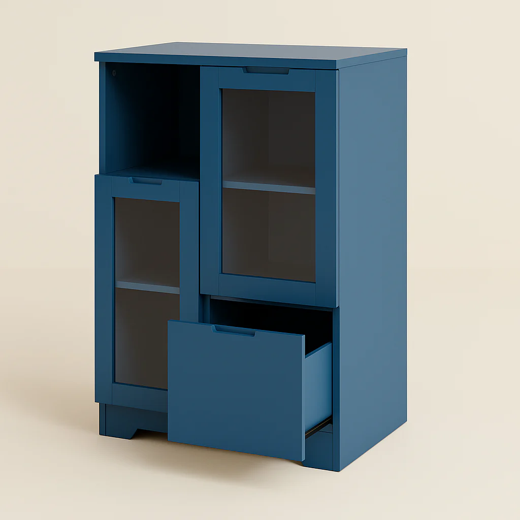 FUNKOL Blue MDF Floor Base Kitchen Cabinet with Glass Doors