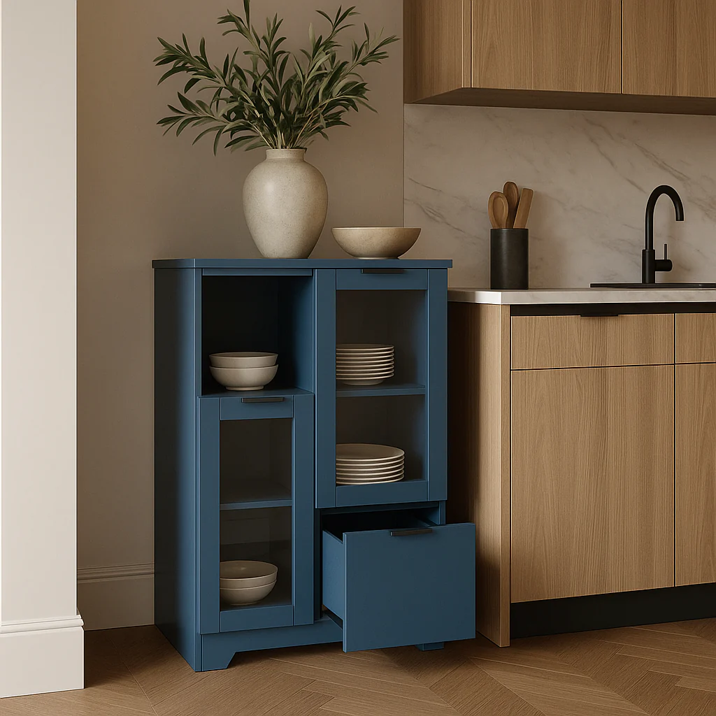 FUNKOL Blue MDF Floor Base Kitchen Cabinet with Glass Doors - Image 3